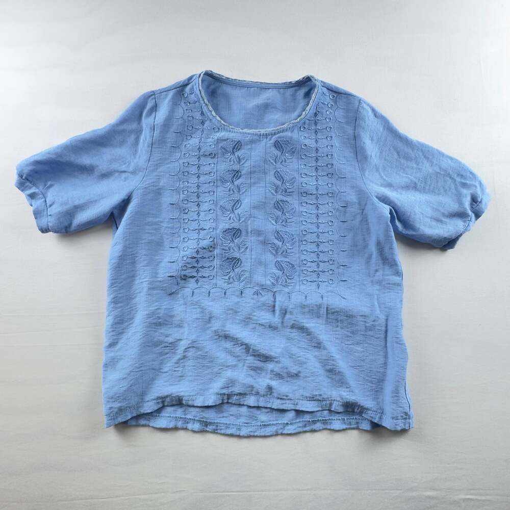 Women's Blue Floral Embroidered Short Sleeve Rayon Nylon Blend Casual Top Size S